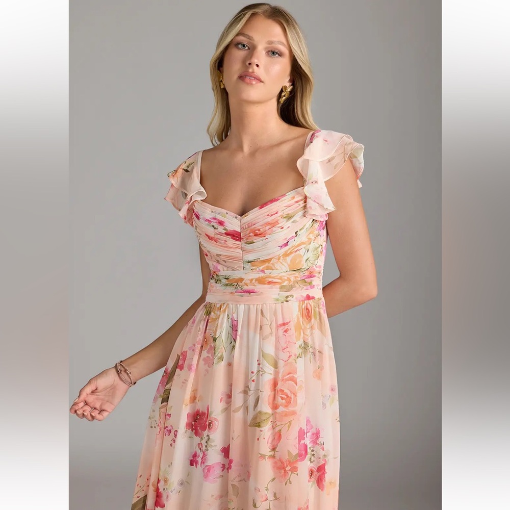 Azazie Anaya Abstract Bouquet Floral Pattern A-Line Maxi Chiffon Dress - Picture 5 of 14